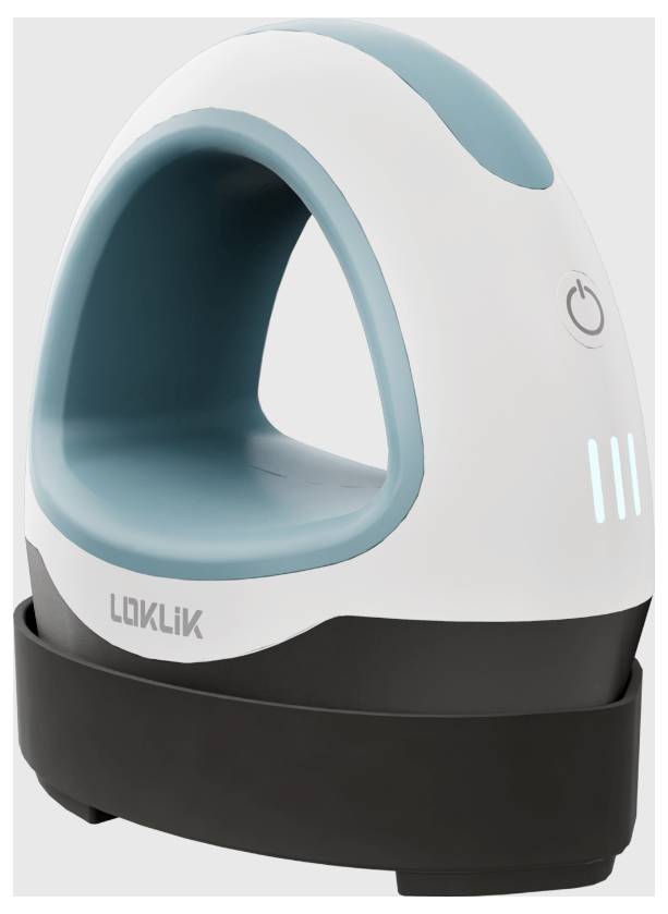 A modern, compact iron with a rounded shape and blue accents on a black base. It features a bright control panel.