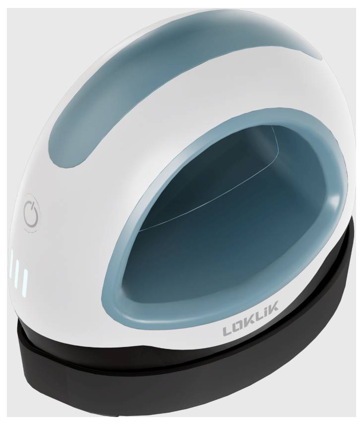 A white, oval kitchen appliance with a blue accent, featuring a push button and LED display on top. Ideal for filling or preparing food.