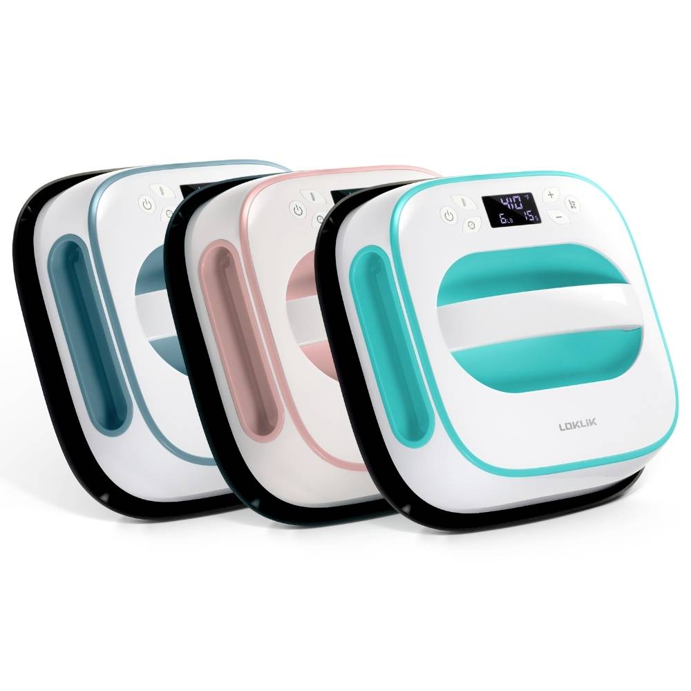 Three square, colourful window-cleaning robots in blue, pink and white, placed side by side, display digital indicators on their top surfaces.