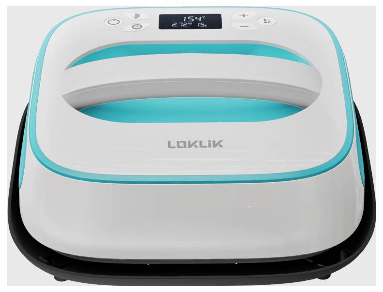 A white and blue household appliance with a display at the top shows temperature and time settings.
