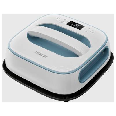 A square, white-blue household robot with a display on its top surface, showing temperature and time.