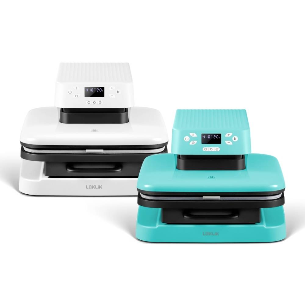 Two flat presses side by side, one white, one turquoise. Both with digital displays on the top surface, suitable for DIY projects.