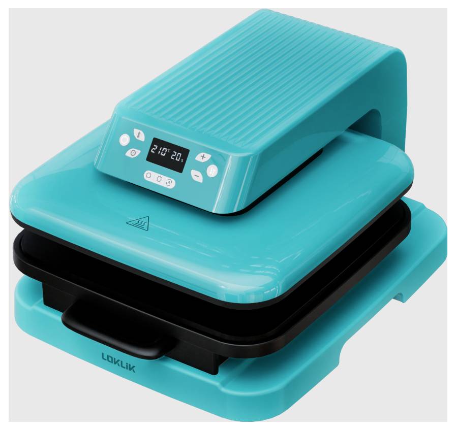 A turquoise sandwich maker with a digital display and control buttons. Temperature and time indicators are visible.