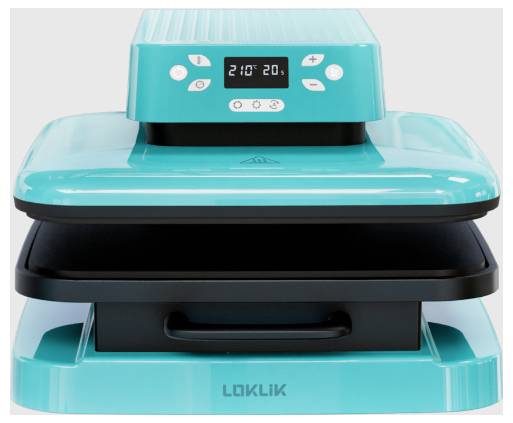 Electric hot plate in teal with a digital display and control buttons on the top surface, showing temperature '210°C'.