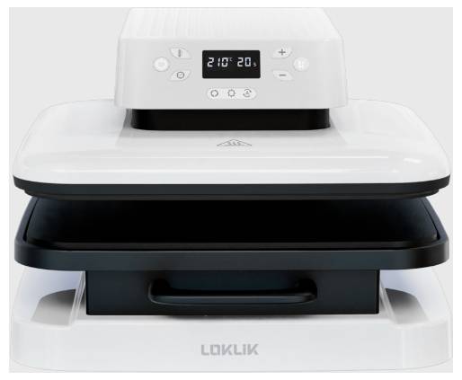 A white electrical appliance with a digital display and control buttons, likely a heat press. The display shows '210°' and '20'.