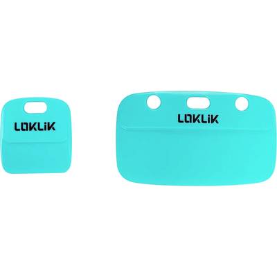 Two turquoise rubber squeegees of different sizes, with a handle and the inscription 'LOKLIK'.
