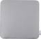 A grey, square cushion with rounded corners and a small brand label on the right.