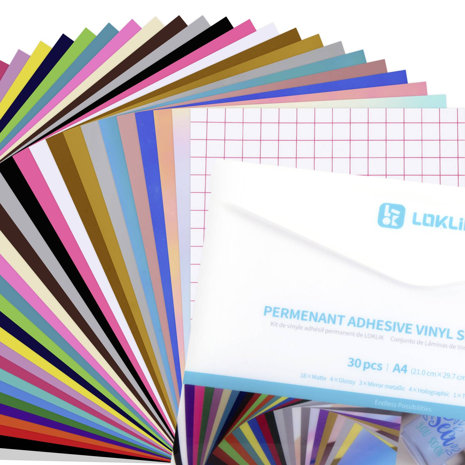 A stack of coloured adhesive sheets in various shades with an envelope labelled 'Permanent Adhesive Vinyl Sheets'.