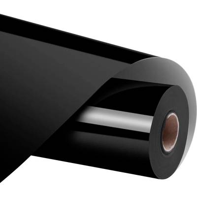 Black vinyl film on a roll, used for vehicle wrapping or window tinting. Smooth, glossy surface shows light reflections.