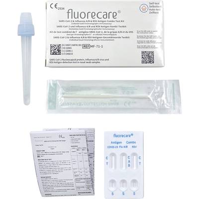 'Fluorecare' SARS-CoV-2, Influenza A/B, and RSV Antigen Combo Test Kit consisting of test cassette, solution buffer, and instructions.