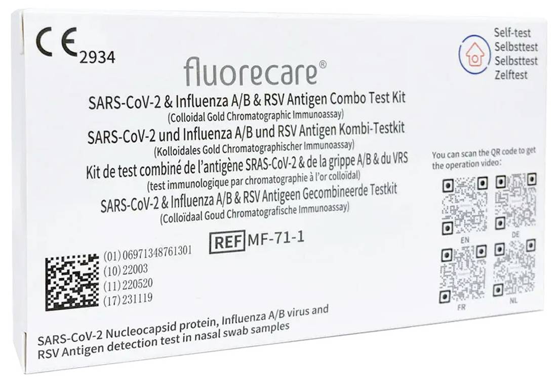 'Fluorecare' self-test kit for SARS-CoV-2 and Influenza A/B & RSV, shows antigen detection options on the packaging.