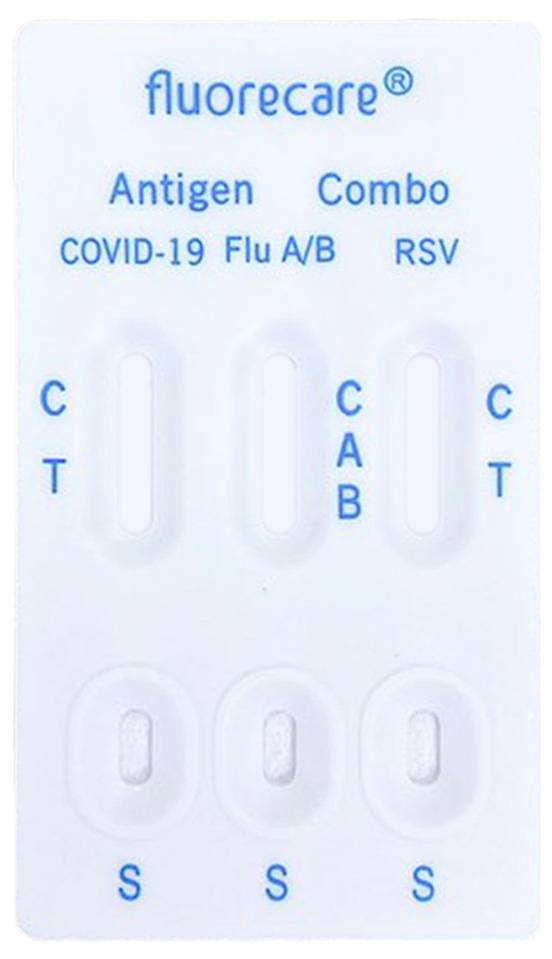 Test cassette for simultaneous detection of COVID-19, Influenza A/B and RSV with three separate test strips and result markers.