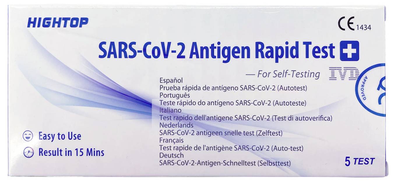'SARS-CoV-2 Antigen Rapid Test for Self-Testing. Easy to use. Result in 15 minutes. Contains 5 tests.'