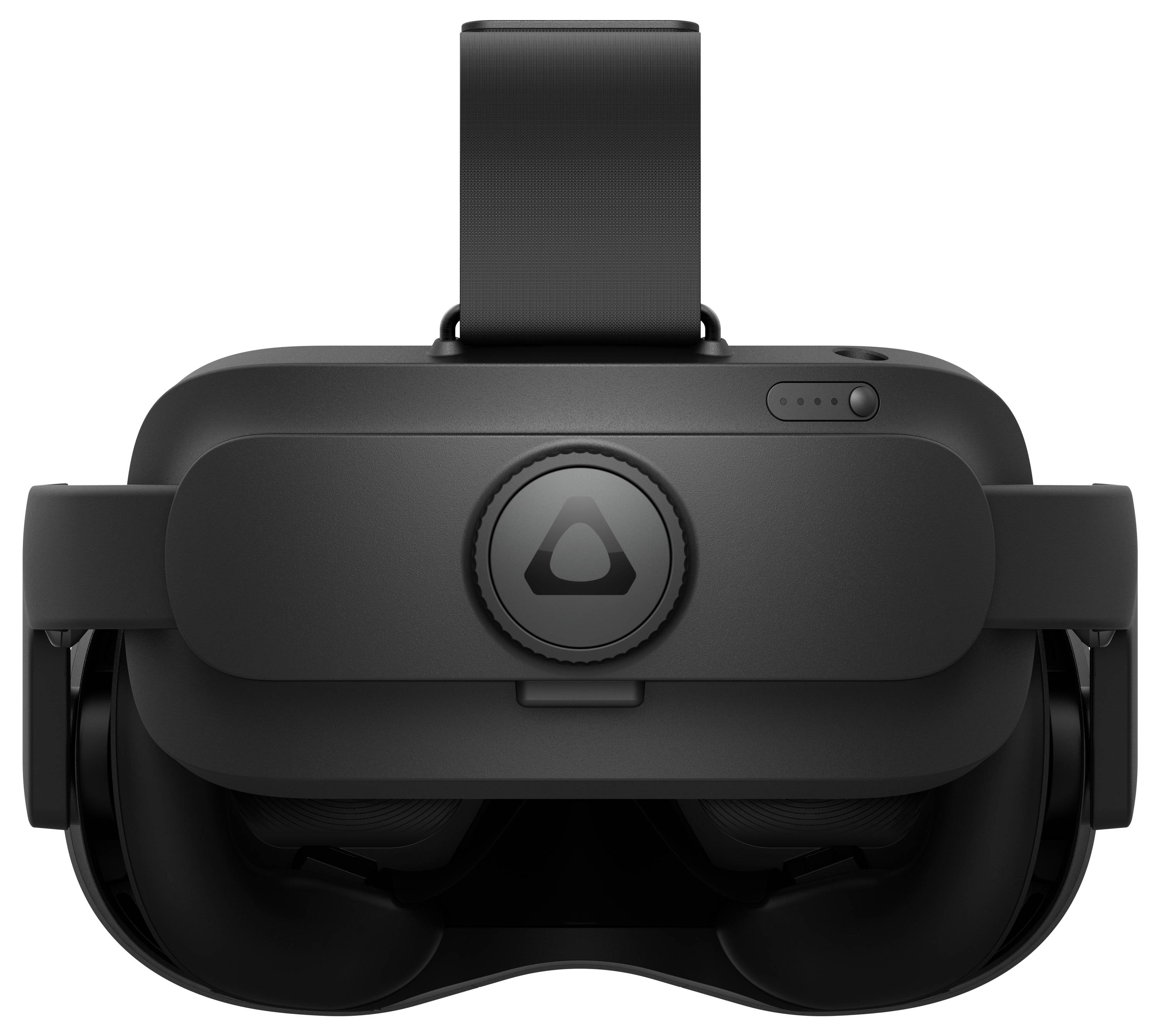 A black VR headset with an adjustable headband and sensors, pictured from the front.