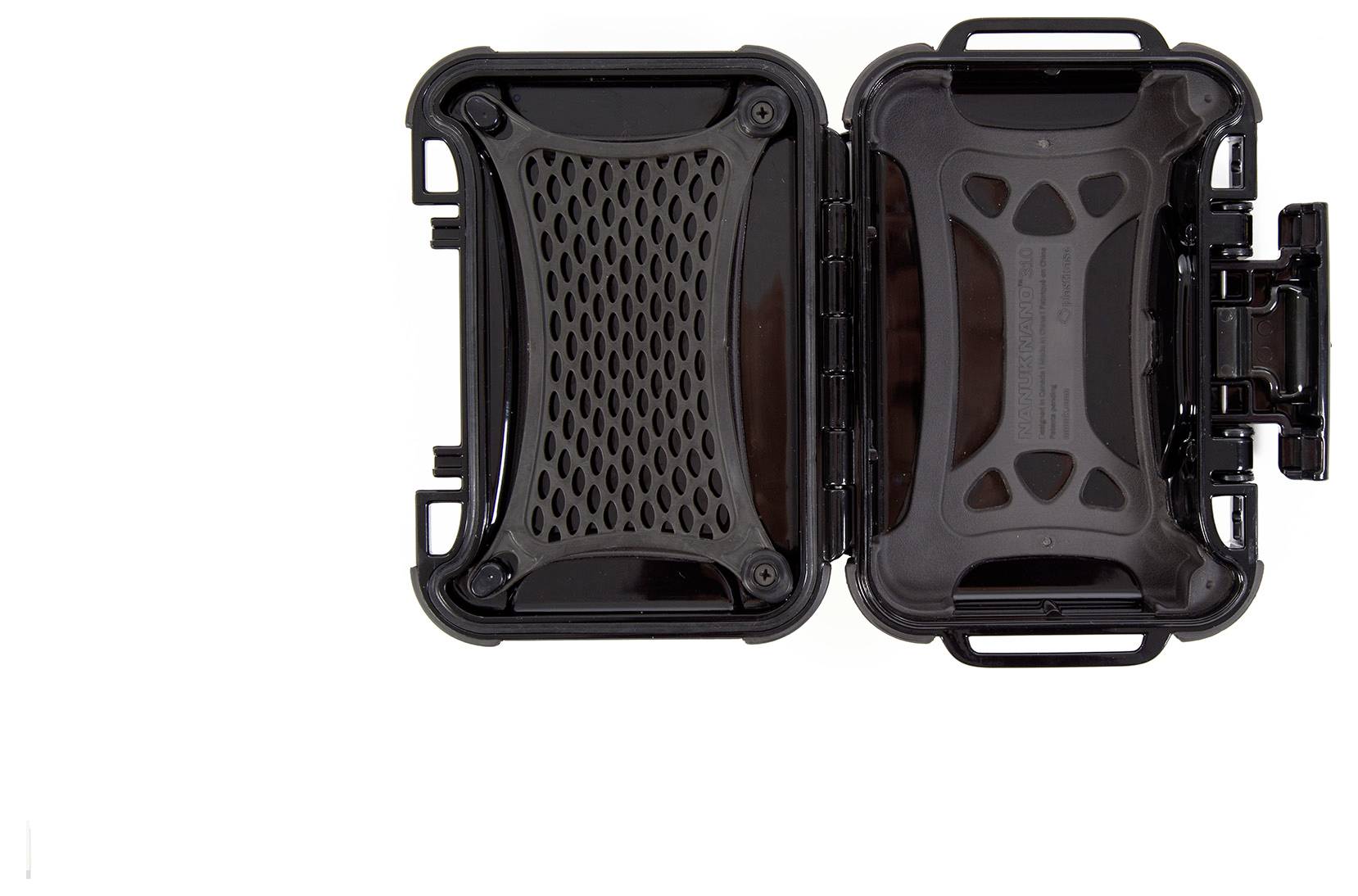 An open black suitcase with a grid-patterned interior. The suitcase is empty and reveals its hinges and closing mechanism.