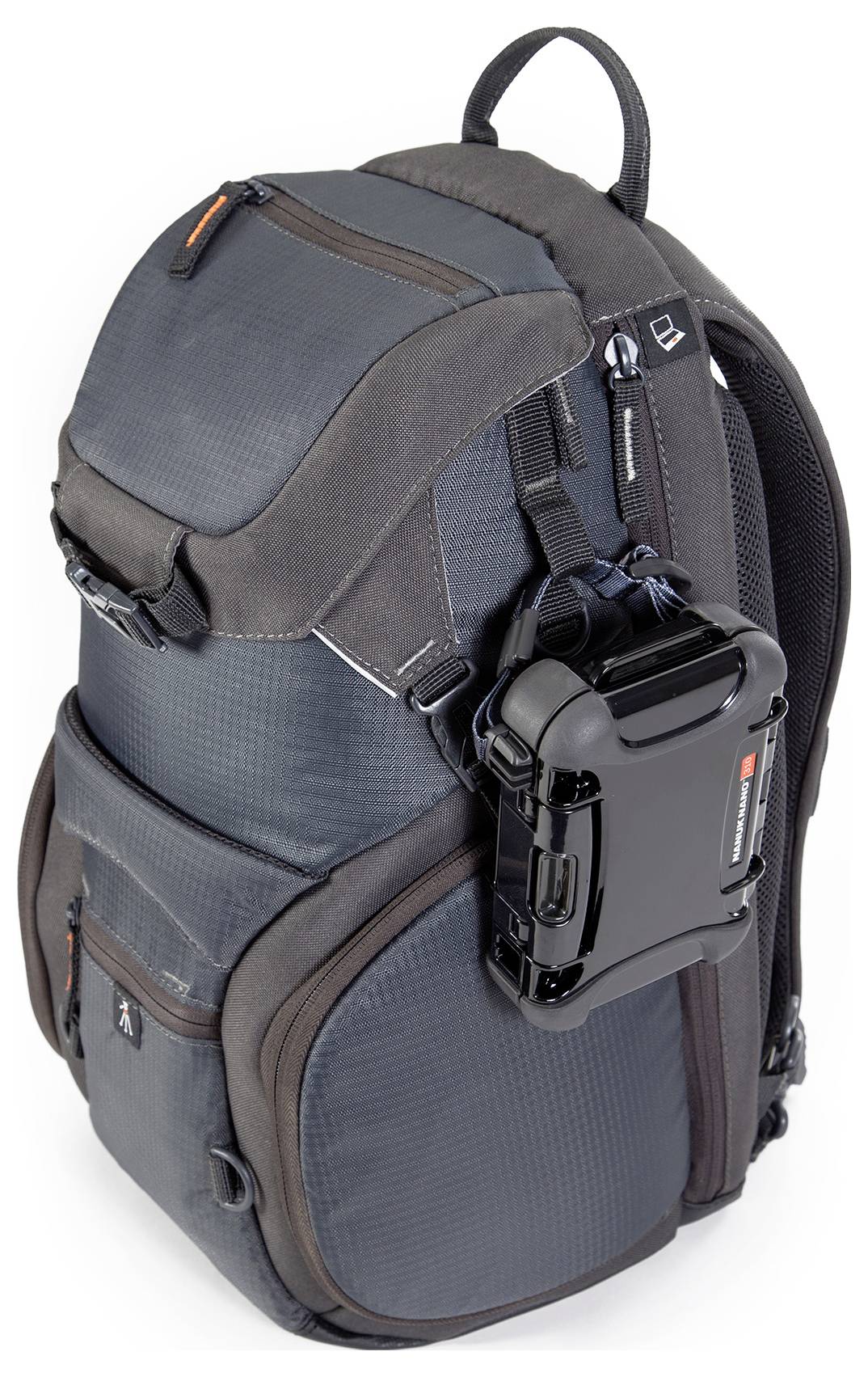 A large, grey and black rucksack with multiple zip compartments and a robust, attached case on the side.