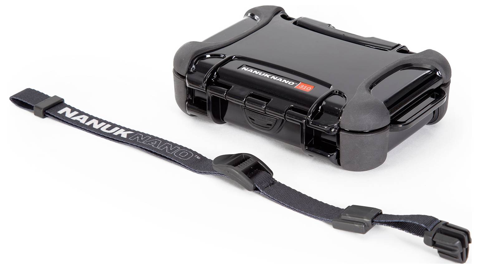 A black, robust protective case by Nanuk Nano with a removable, adjustable strap lies beside it.