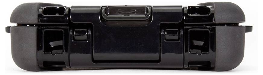 Black protective case, closed, made of plastic with robust locks, suitable for the safe transportation of sensitive equipment.