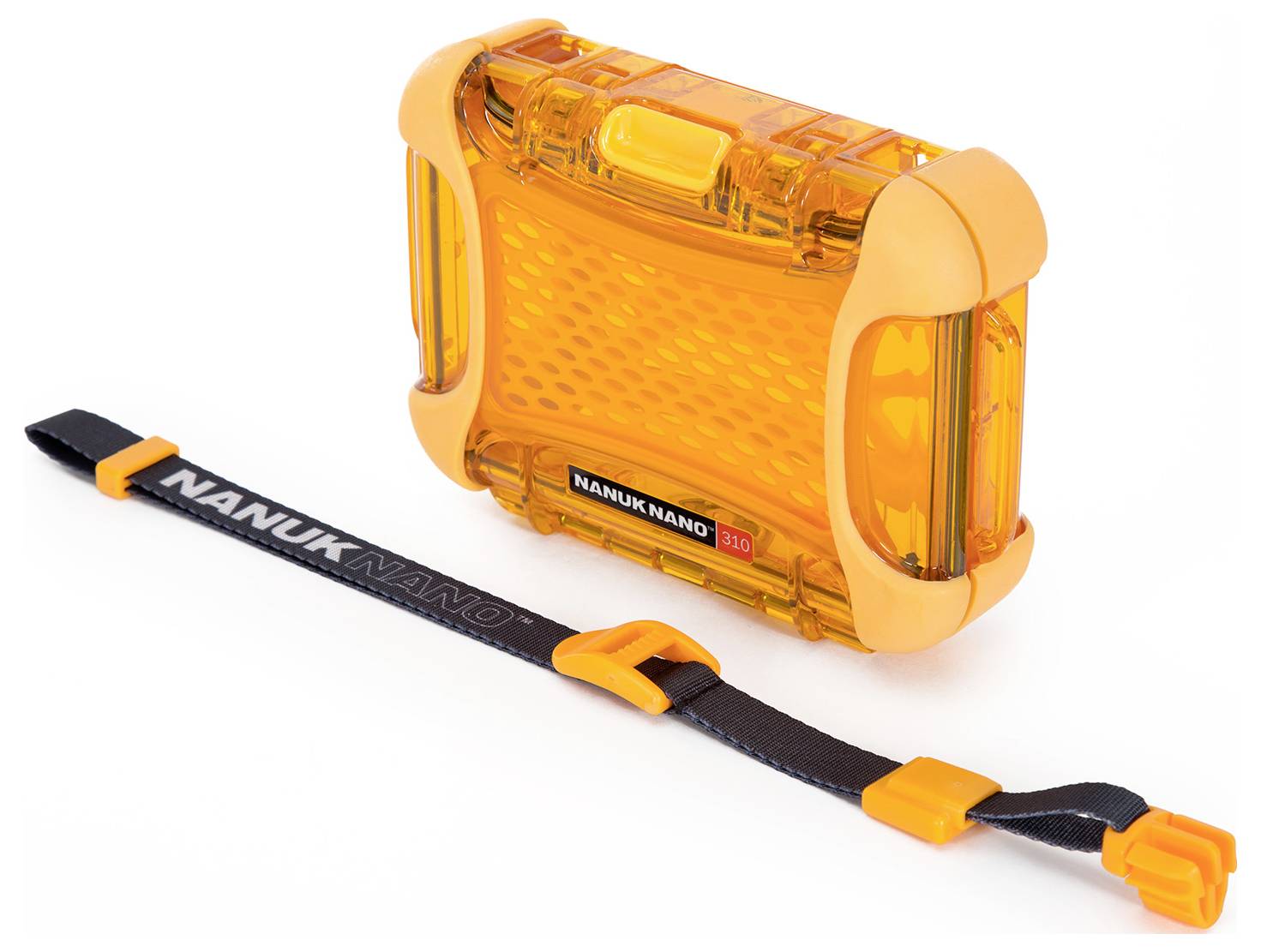 A transparent, orange protective case 'Nanuk Nano 310' with a black carry strap beside it.