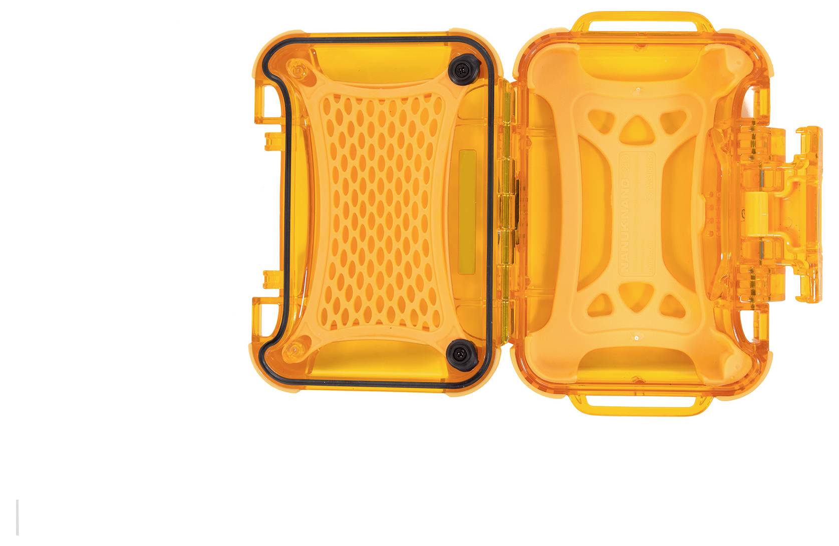 Orange open plastic container with a minimalist design, suitable for storing smaller items or electronic devices.