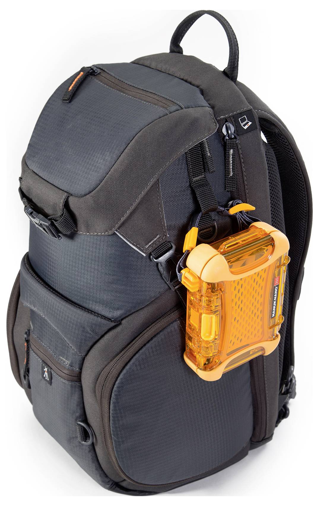 Black rucksack with multiple compartments and a distinctive, orange accessory attached to the side.