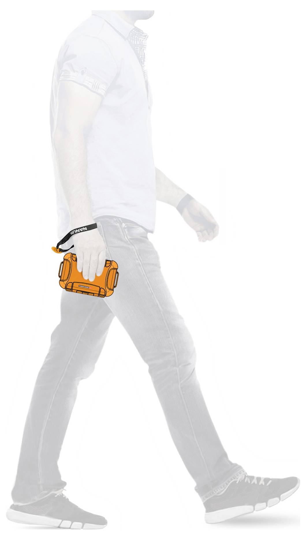 A person in casual clothing is holding an orange camera in their right hand while walking from left to right.