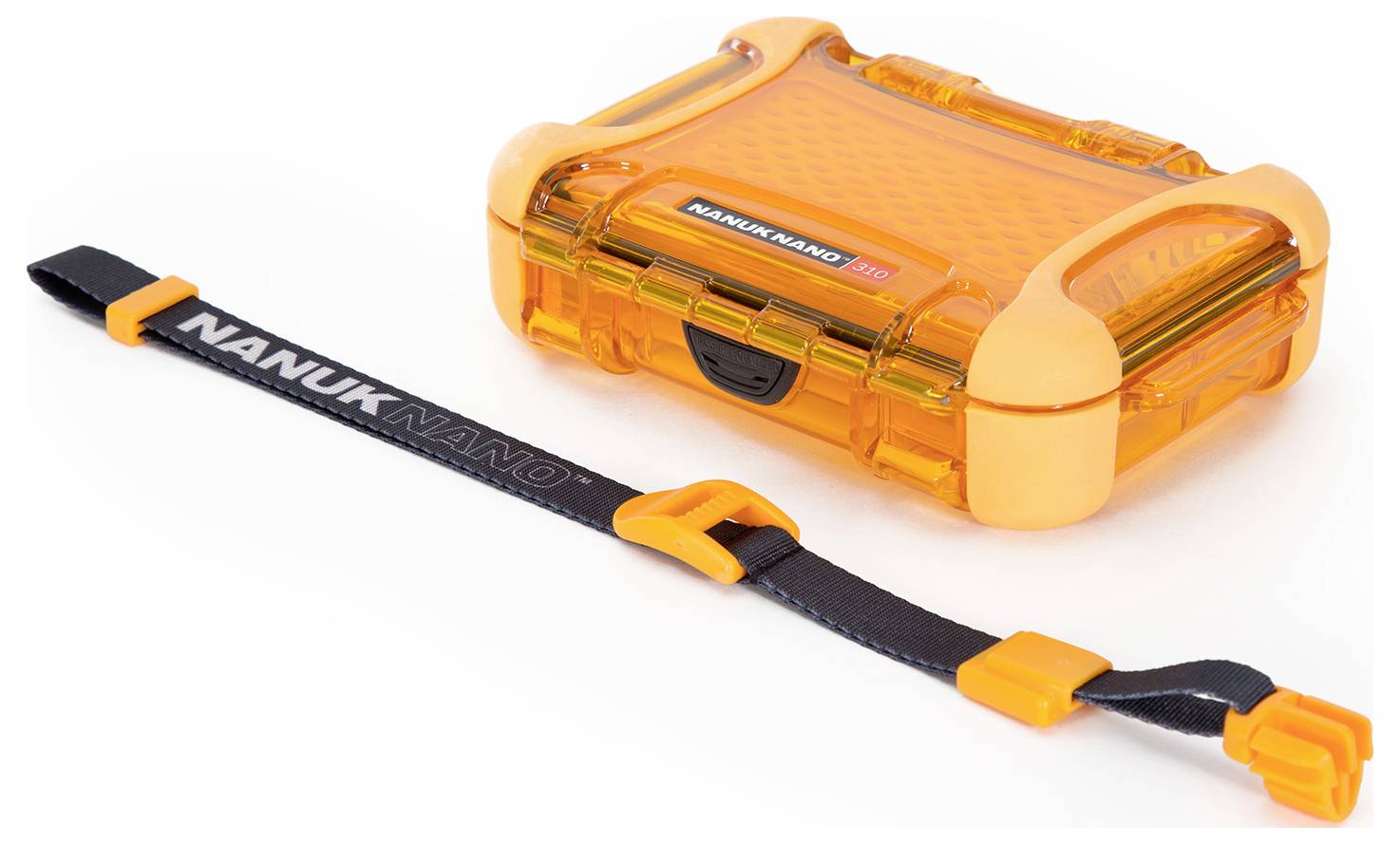 Orange, robust case by the brand 'Nanuk Nano', alongside a black mounting strap with the 'Nanuk Nano' lettering.