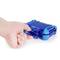 A hand is holding a blue, rectangular plastic device with rubber corners. The image illustrates the secure grip of the device.