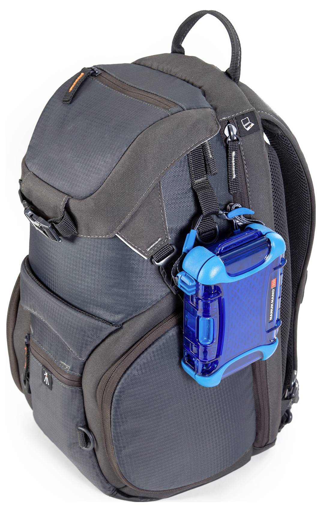 A grey rucksack with multiple compartments, featuring a robust blue cover. Suitable for outdoor activities.