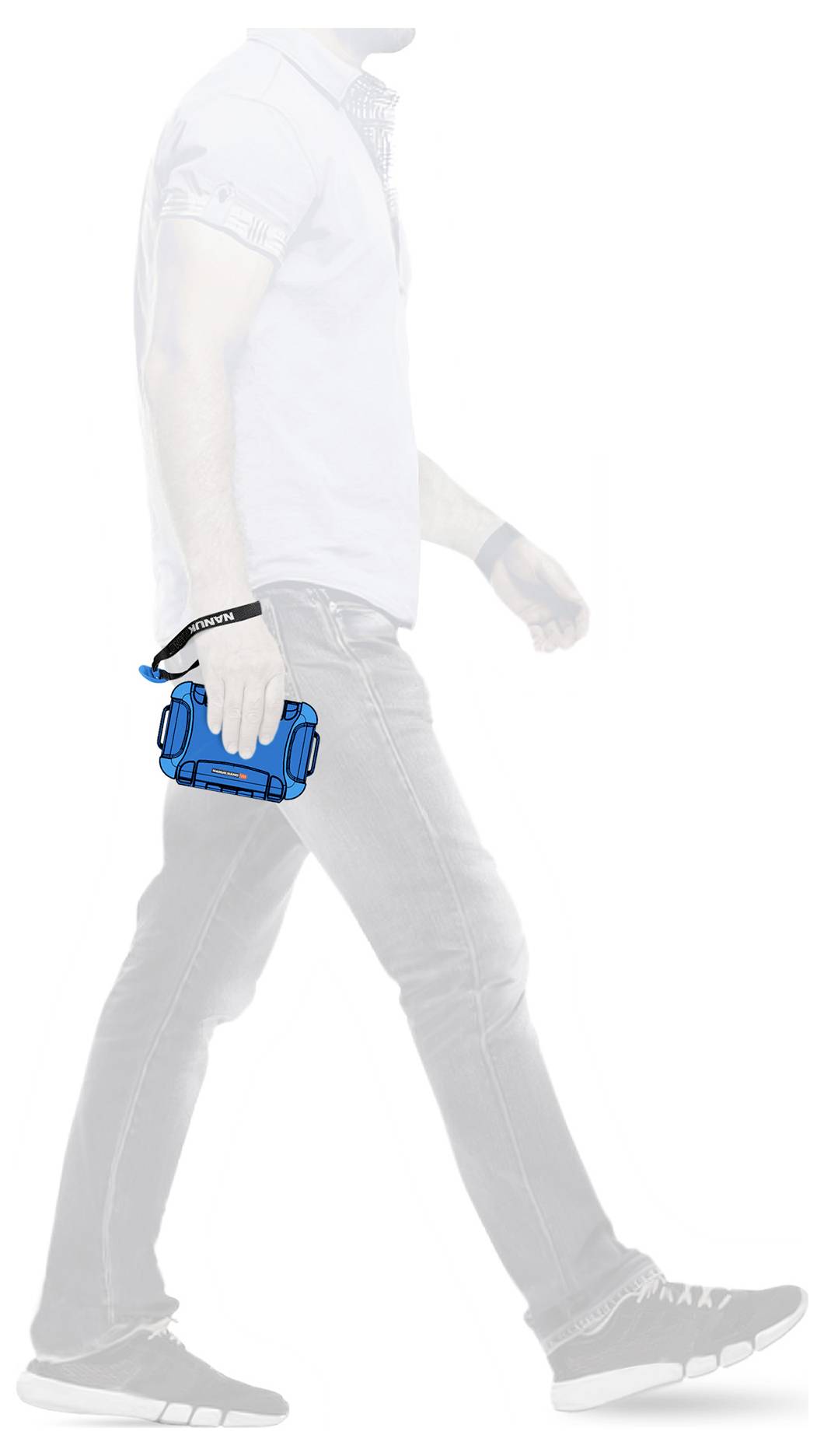 A person walking is holding a small, blue camera in their right hand. The camera is the coloured focal point of the image.