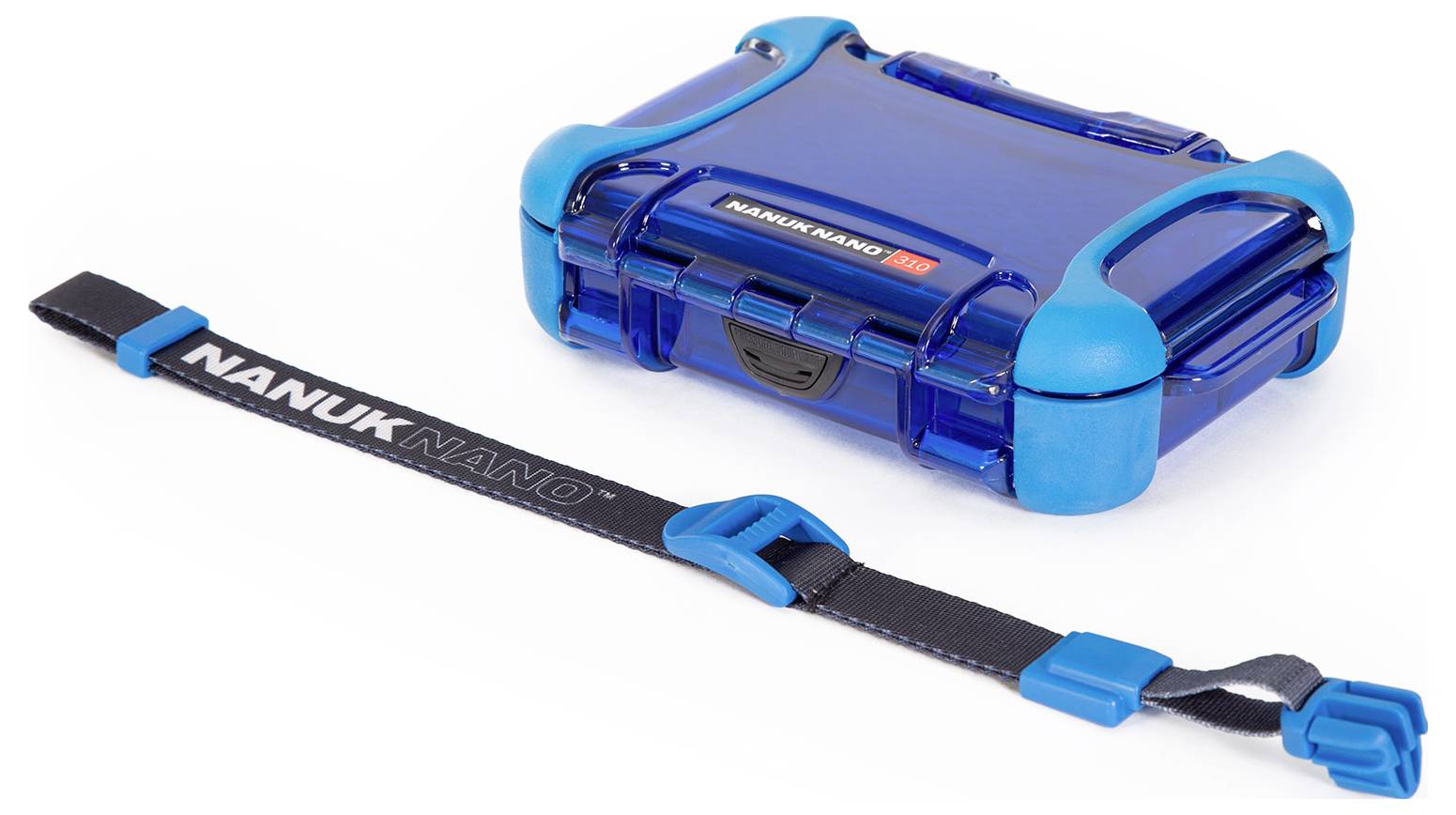 Small blue protective case with transparent lid and woven carrying strap beside it.