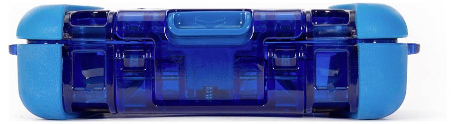 Blue, transparent container, rectangular, with ribbed, light blue ends. Clear plastic lid with hinges and a central closure.