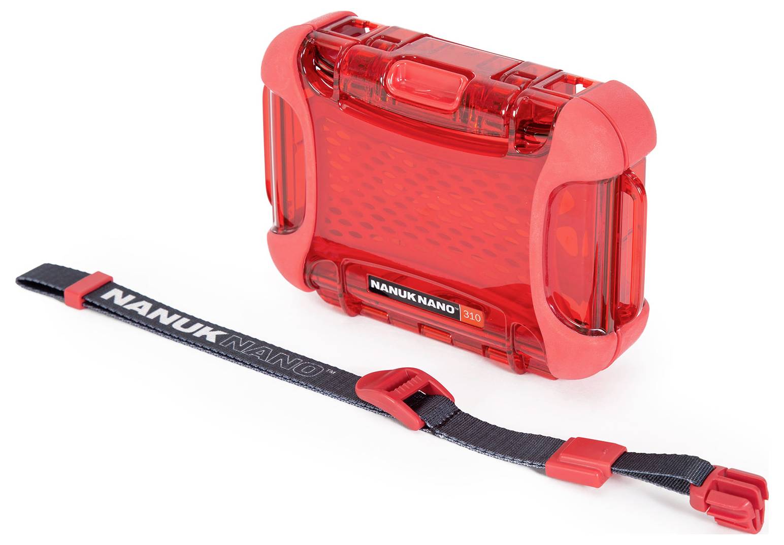 Transparent, tough protective case 'Nanuk Nano 310' with black, adjustable nylon strap; suitable for securely storing small items.