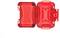 Red, fold-out hard-shell case with structured interior, suitable for securely storing small items.