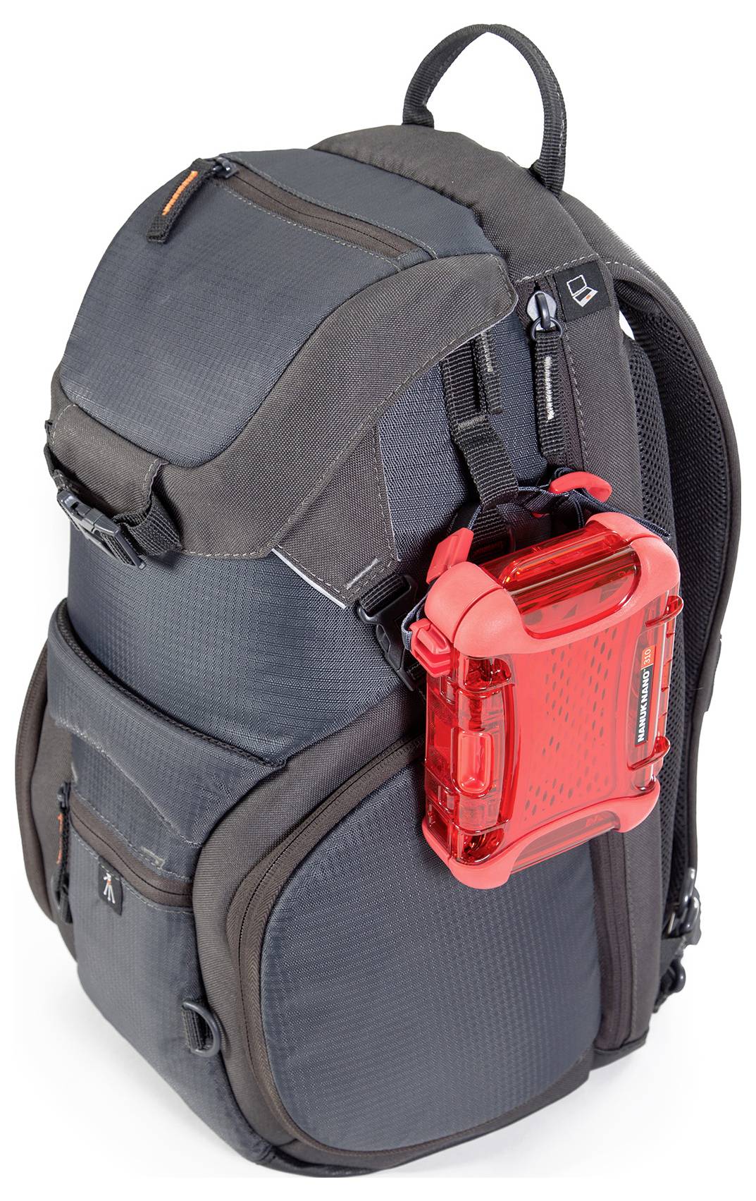 Grey rucksack with multiple pockets and a red, transparent protective case attached to the side.