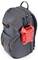 Grey rucksack with multiple pockets and a red, transparent protective case attached to the side.