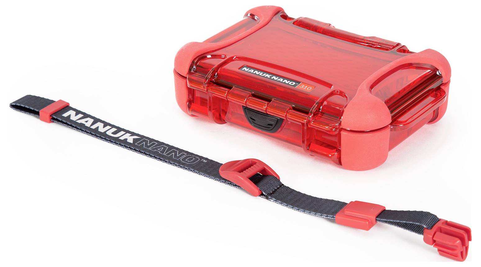 Red, transparent protective case by Nanuk with an adjustable black strap. Ideal for securely storing small items.