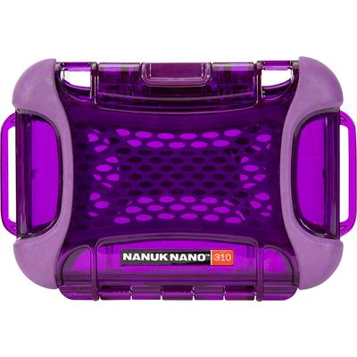 'Lilac protective case with a sturdy handle, ventilated sides and a red logo sticker with the inscription NANUK NANO 310 on the front.'