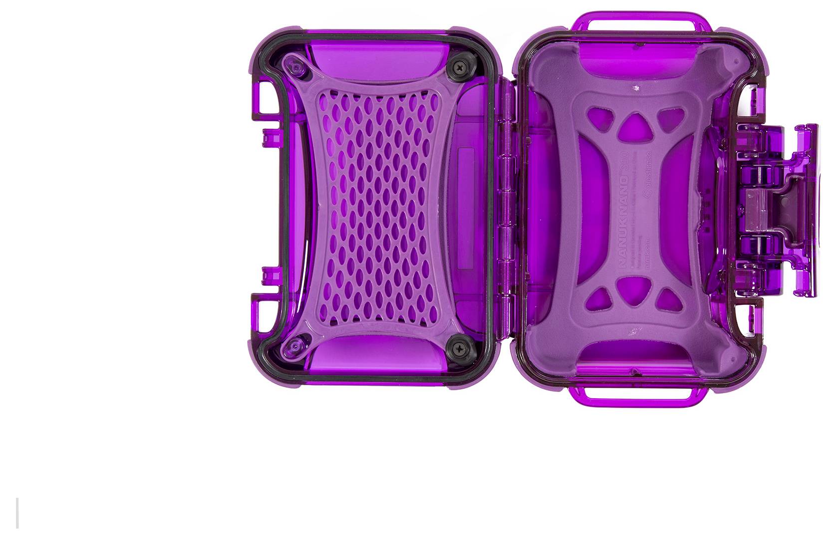 Open, purple plastic case with compartments and a mesh pattern inside, viewed from above.