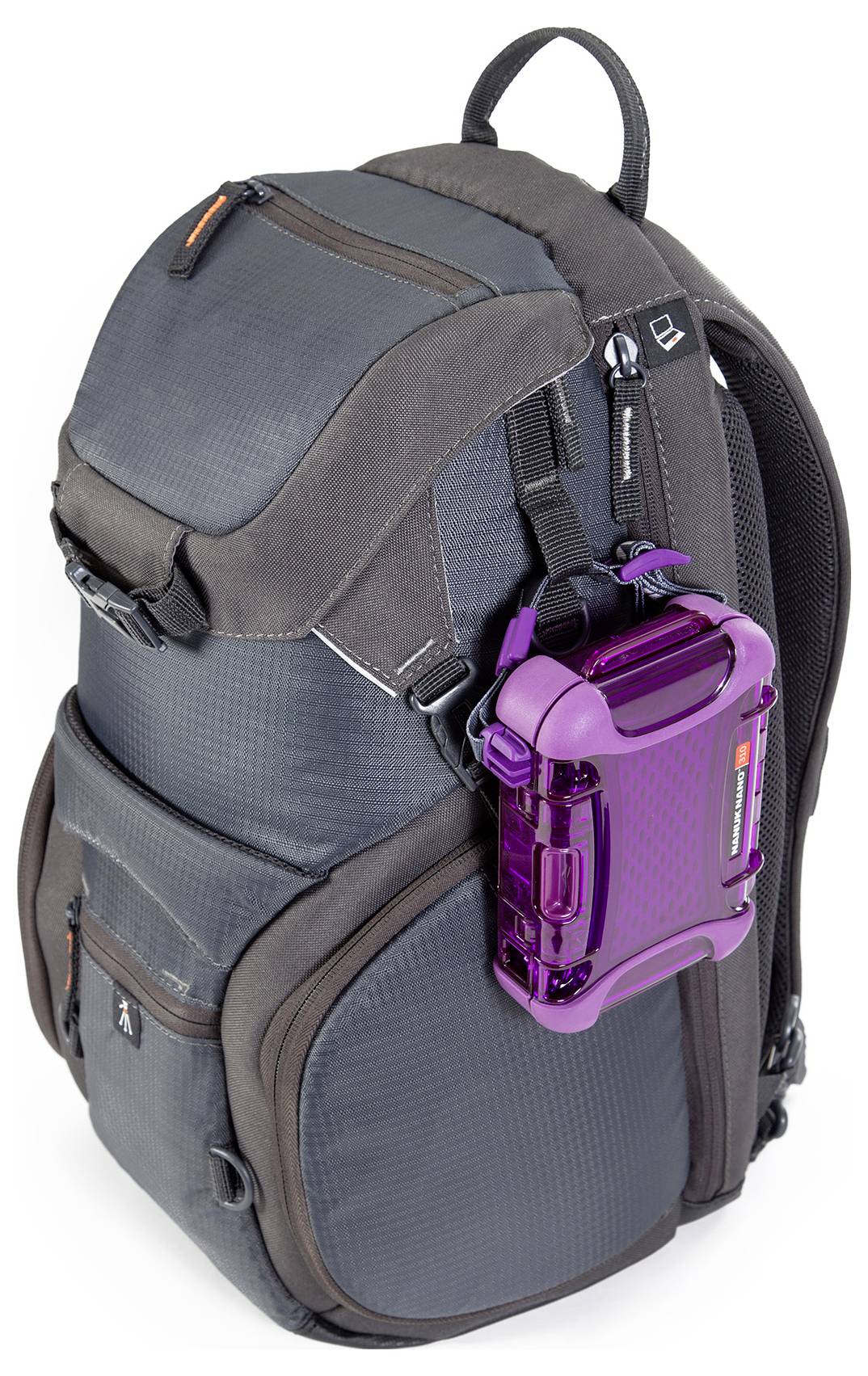 A black rucksack with multiple compartments and a purple accessory container attached to the side.