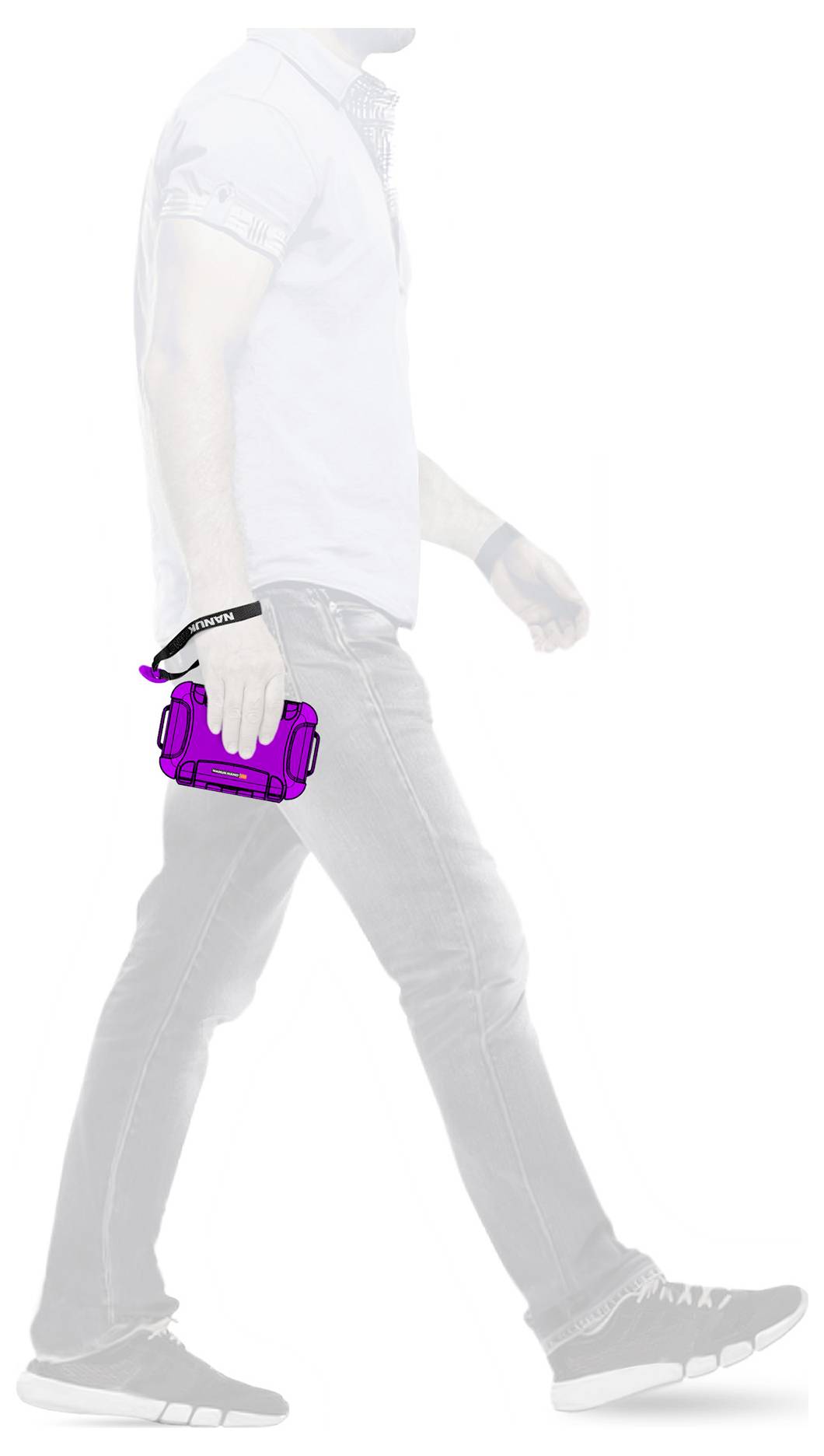 A person walks, holding a small, purple camera in their hand. The camera is the focal point.