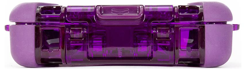 A purple, transparent gaming controller viewed from the front, with clear clickable buttons and edges. Perfect for gaming entertainment.