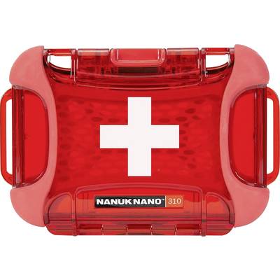 Red first aid box with a white cross in the centre, surrounded by red handles.