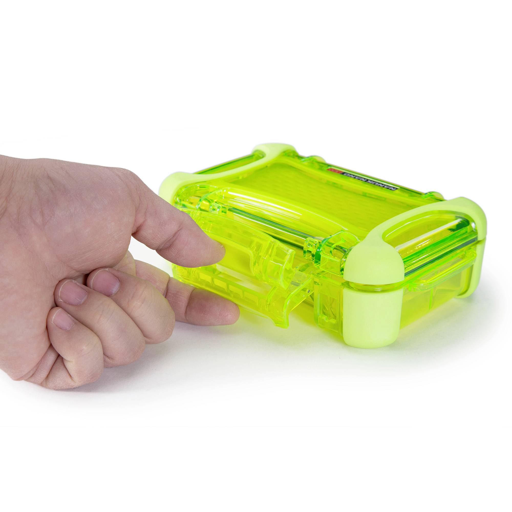 A hand gives a thumbs up next to a bright yellow, sealed plastic container on a white background.