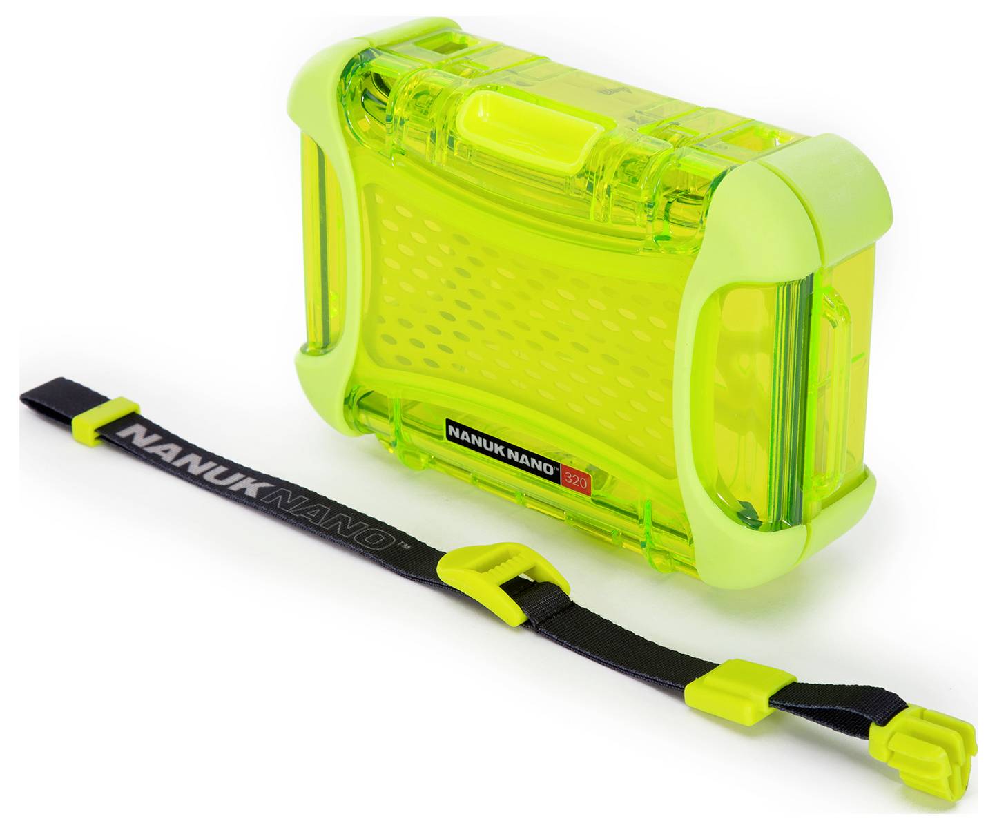 Green, robust protective box with a transparent casing, next to it a black and yellow wristband with a clasp.