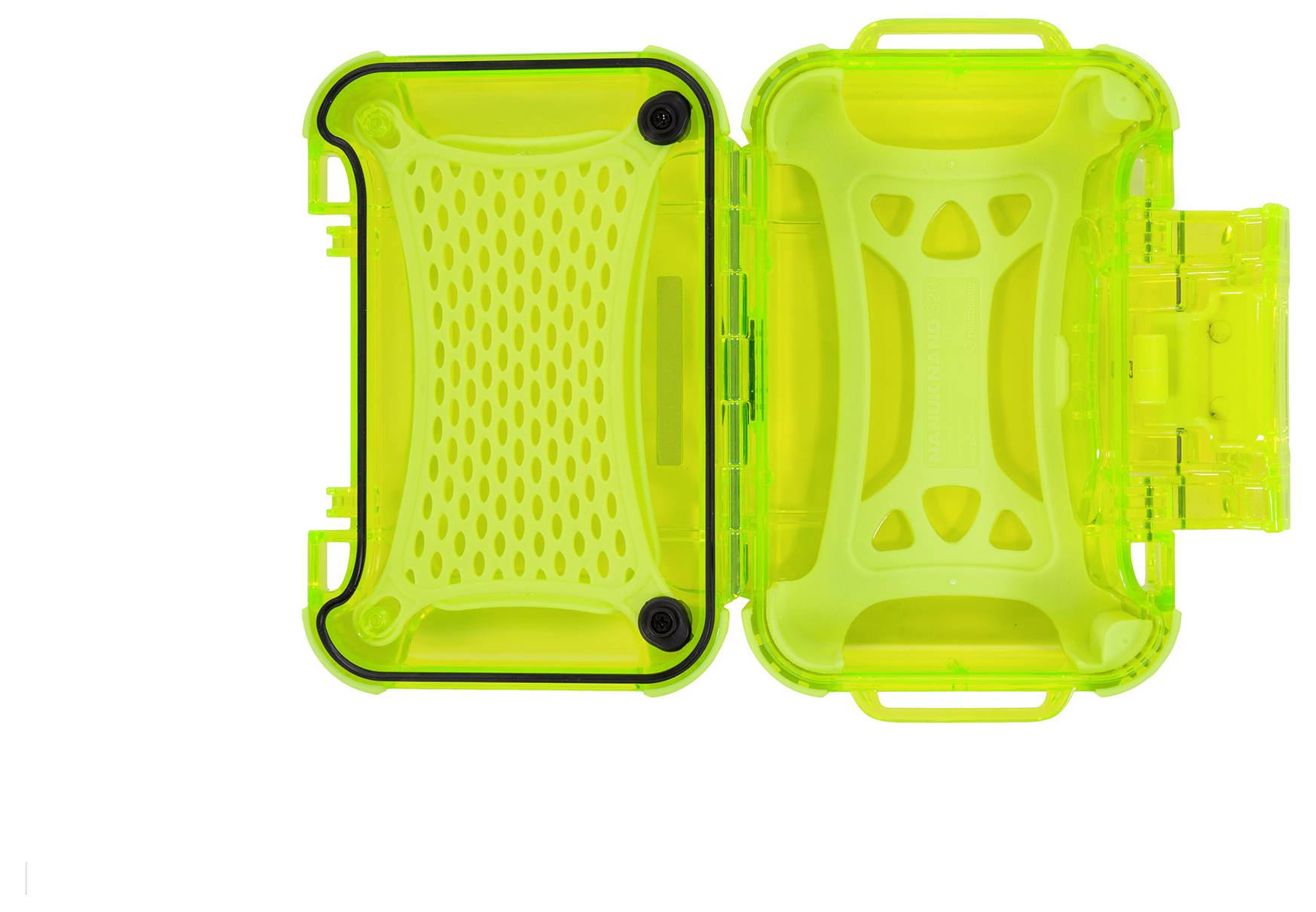 A clear, yellow-green, transparent protective cover with rounded corners. Suitable for safely storing small items.