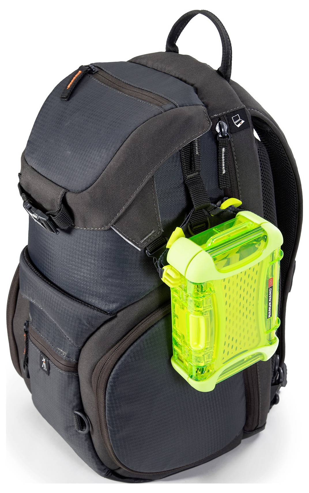 A black rucksack with multiple compartments. A bright yellow, transparent hard-shell box is attached to the side of the rucksack.