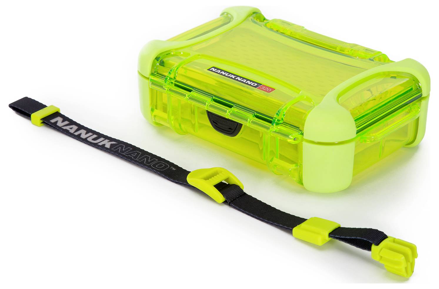 Green, transparent protective cover with a black strap. Contains a yellow fastener and is marked as a robust case.