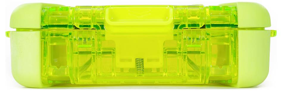 Transparent, rectangular, neon yellow plastic box, visible from the front, with a snap-lock closure.