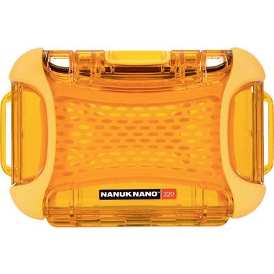 A transparent, orange storage box with rounded corners and the text 'NANUK NANO 320' on the front.
